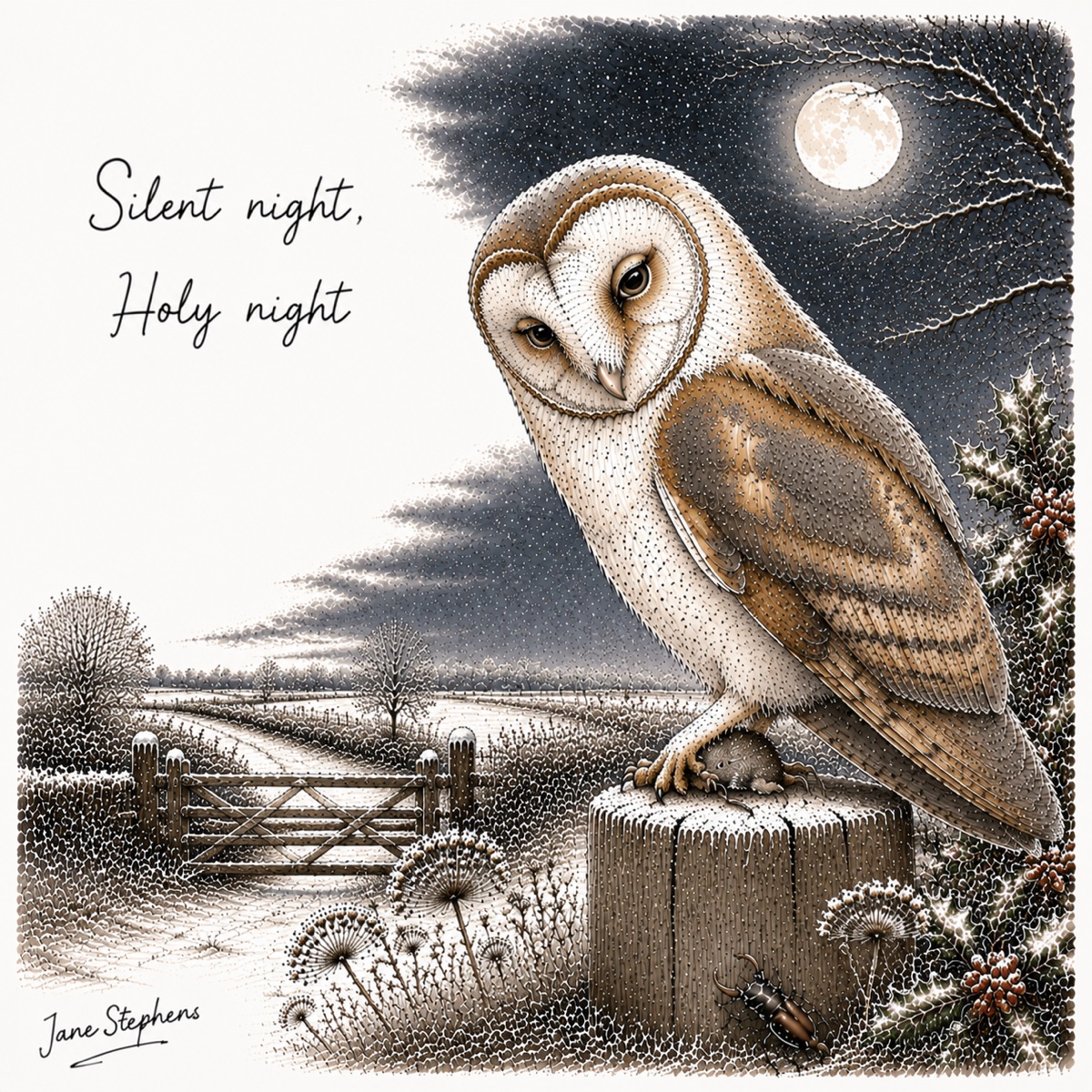 Barn owl in a moonlit winter field