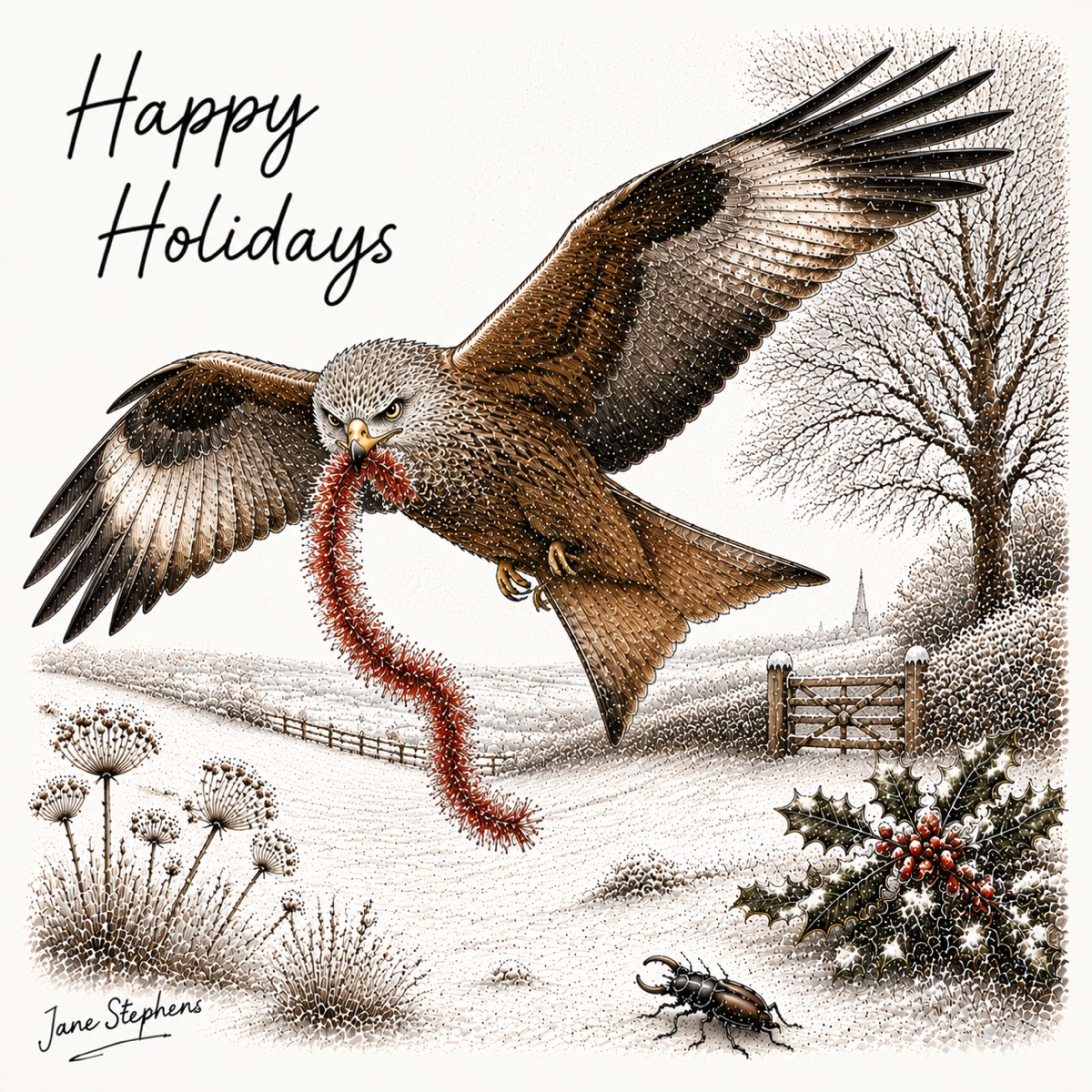 Red kite carrying a worm above a snowy field