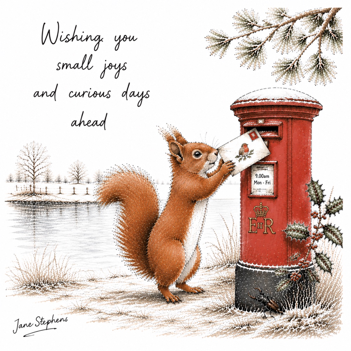 Red squirrel posting a Christmas card