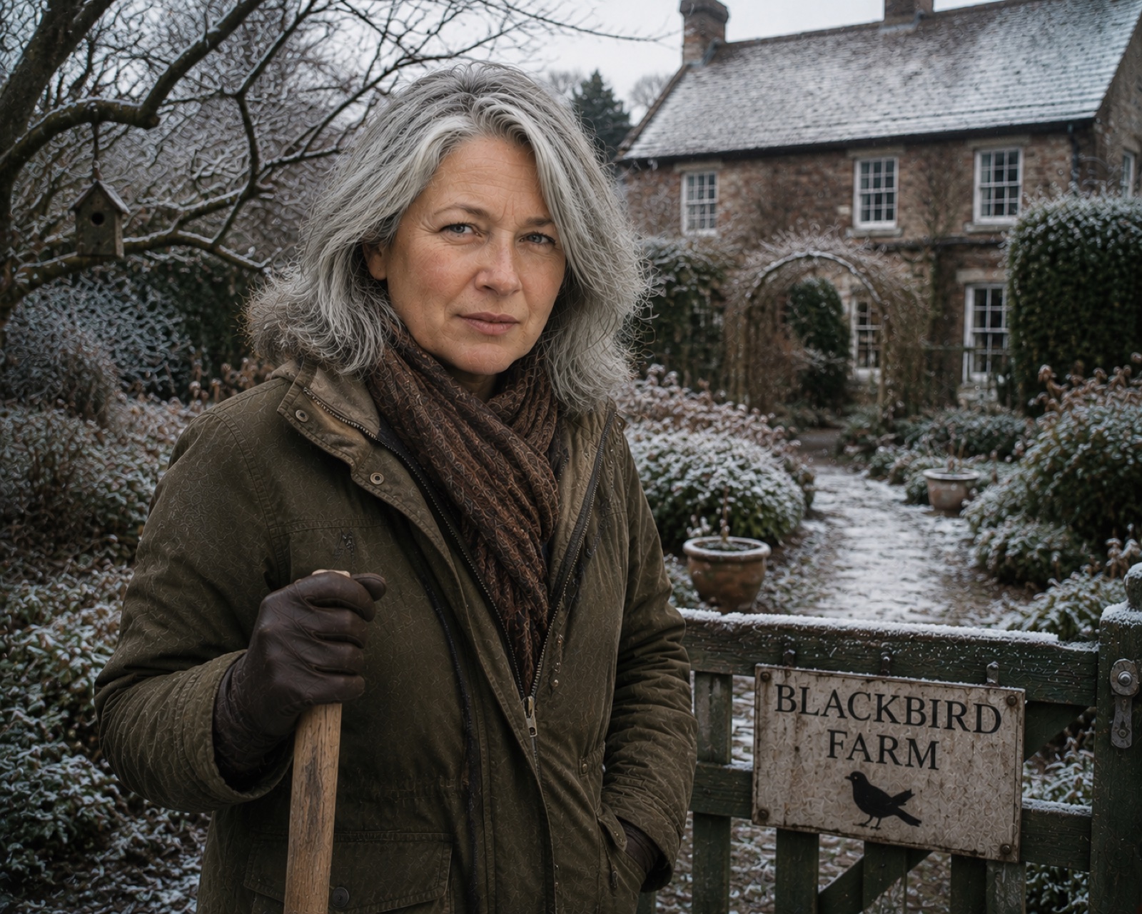 Jane outside Blackbird Farm in winter