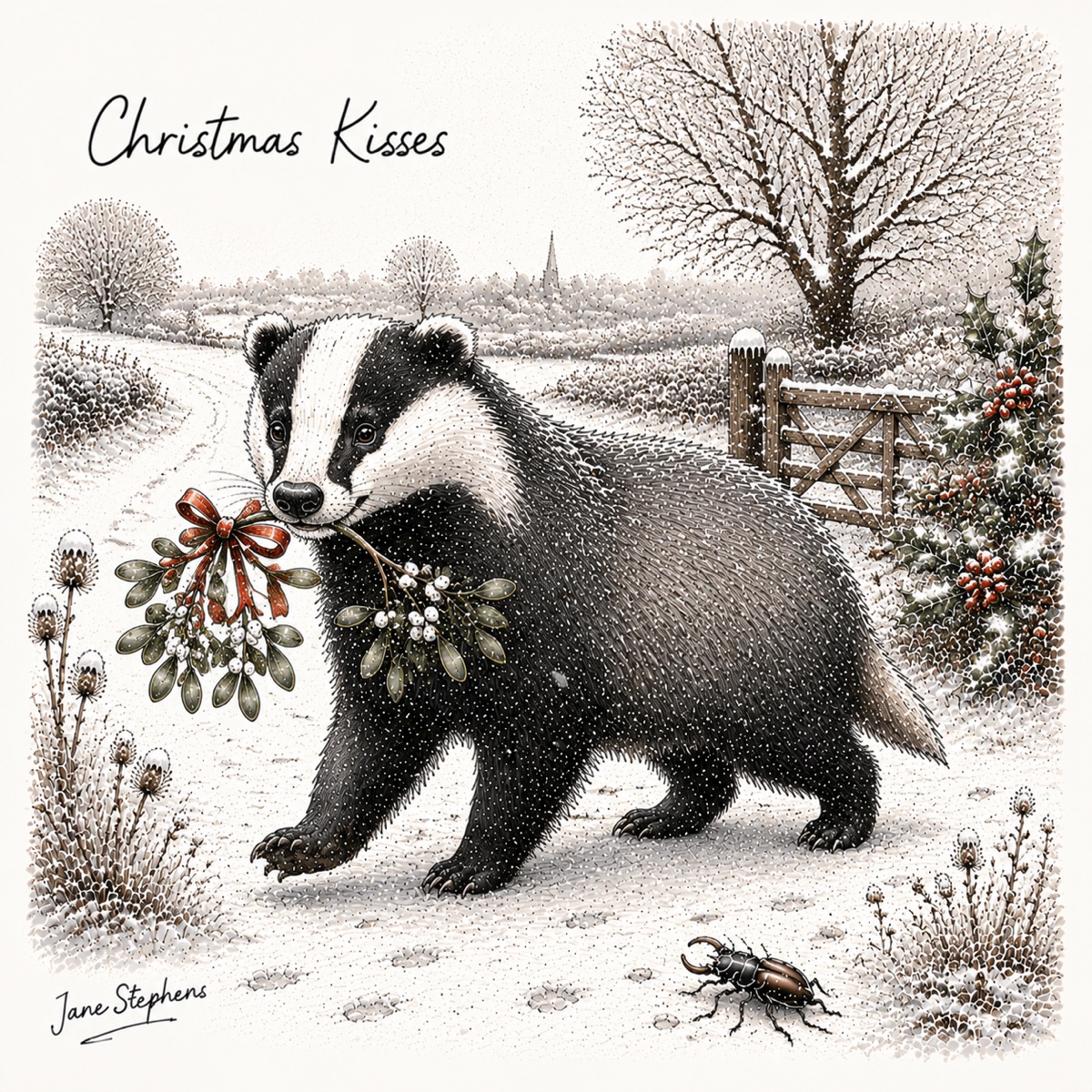 Jane Stephens Christmas card illustration of a badger with mistletoe