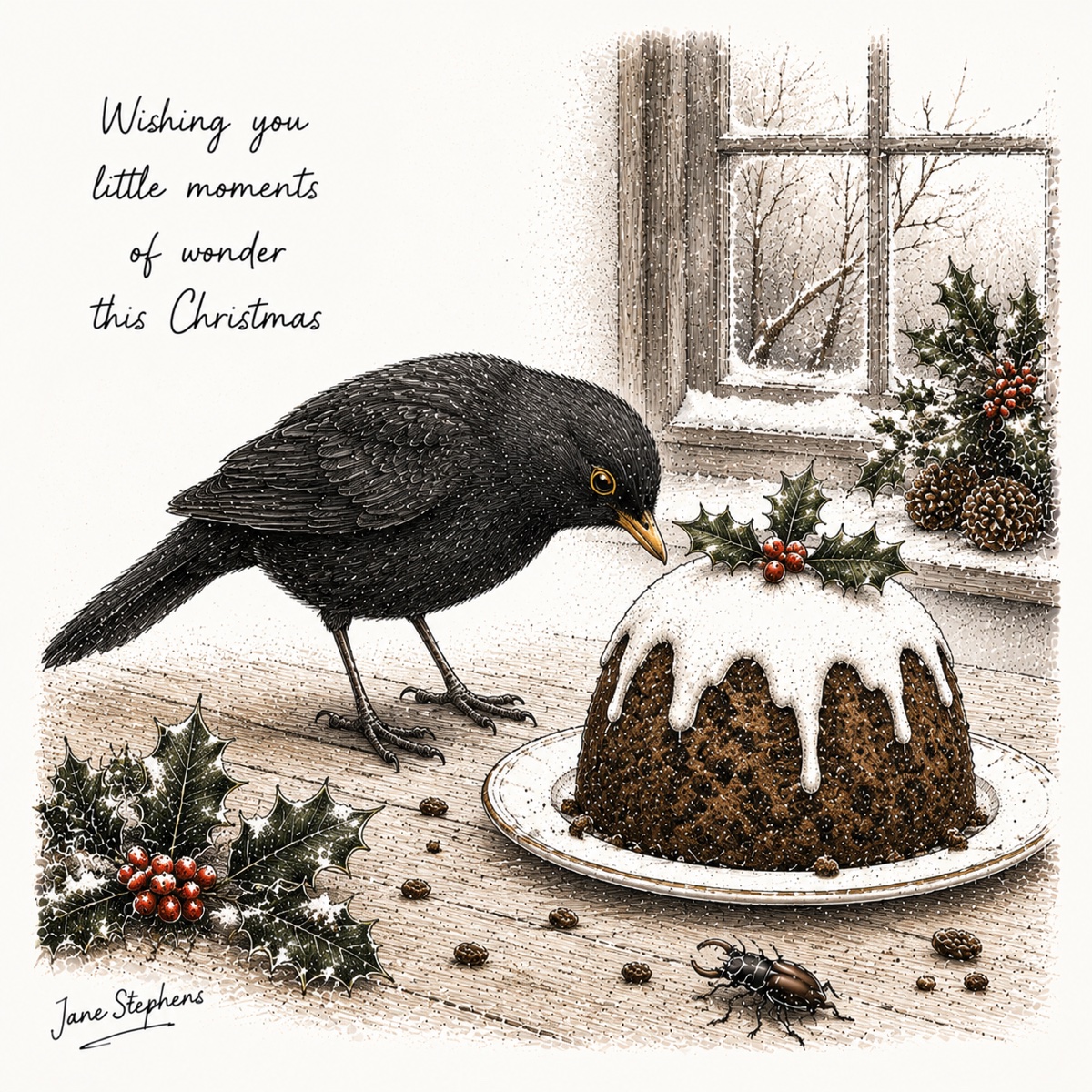 Jane Stephens Christmas card illustration of a blackbird with pudding