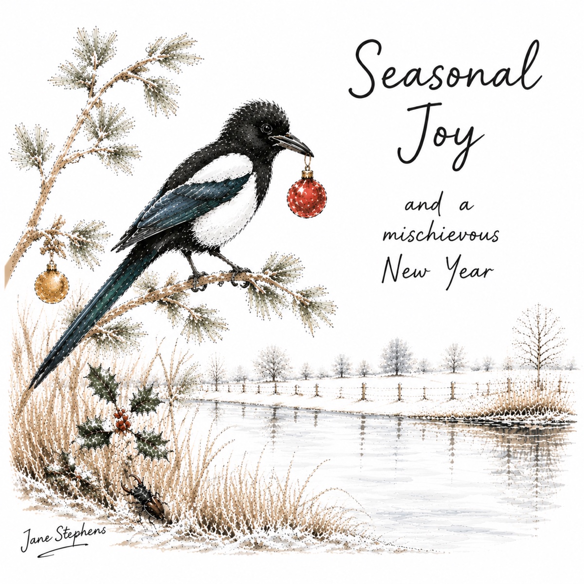 Jane Stephens Christmas card illustration of a magpie with bauble