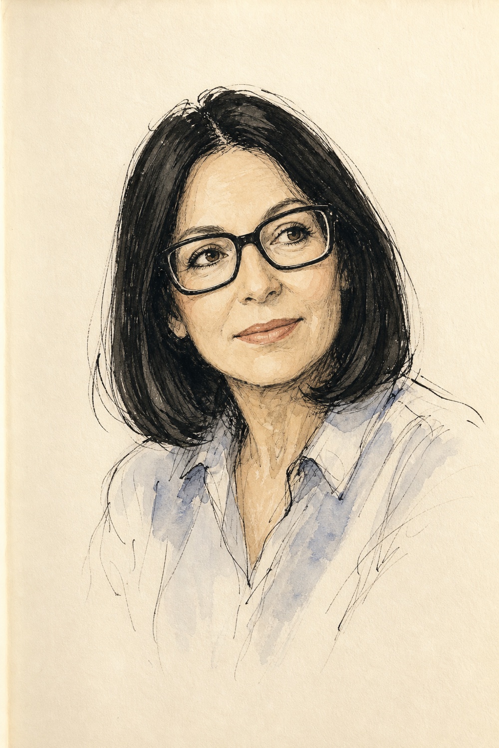 Jane Stephens’ loose ink-and-watercolour portrait study of Nana Mouskouri