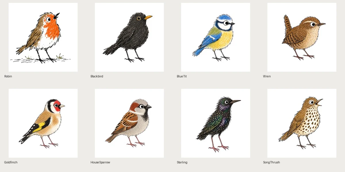 Jane Stephens illustrations of eight British garden birds for Pembroke Games