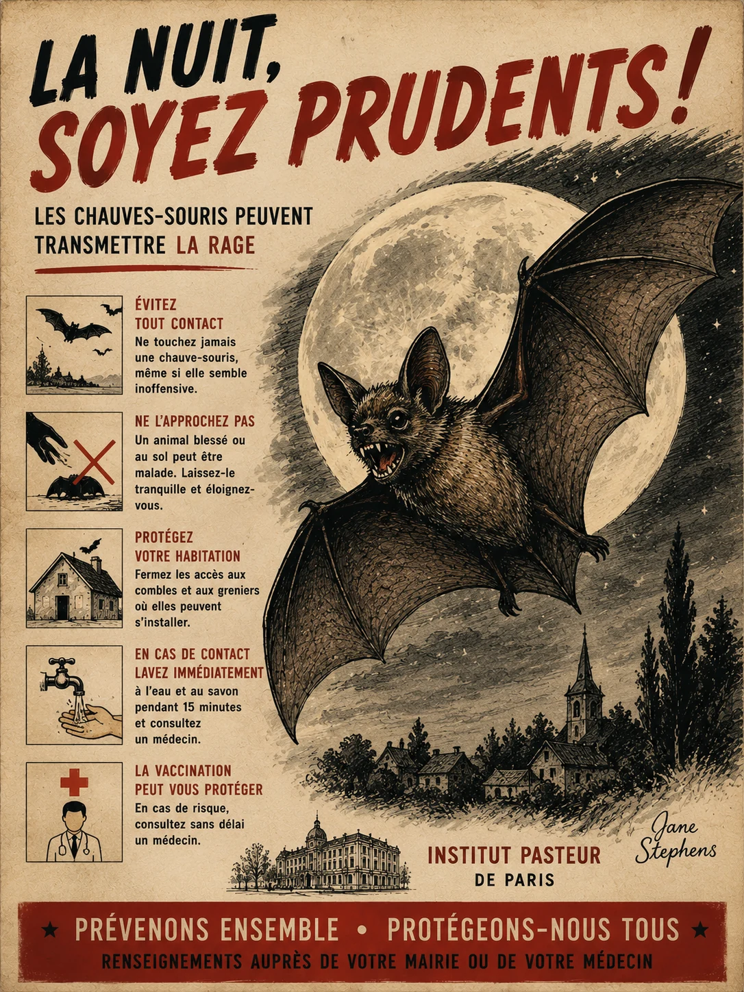 Jane Stephens rabies-awareness poster featuring a bat in flight