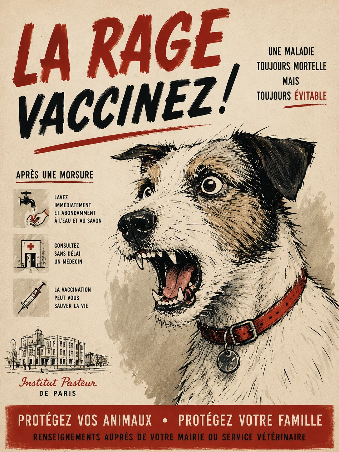 Jane Stephens rabies-awareness poster featuring a direct portrait of a dog