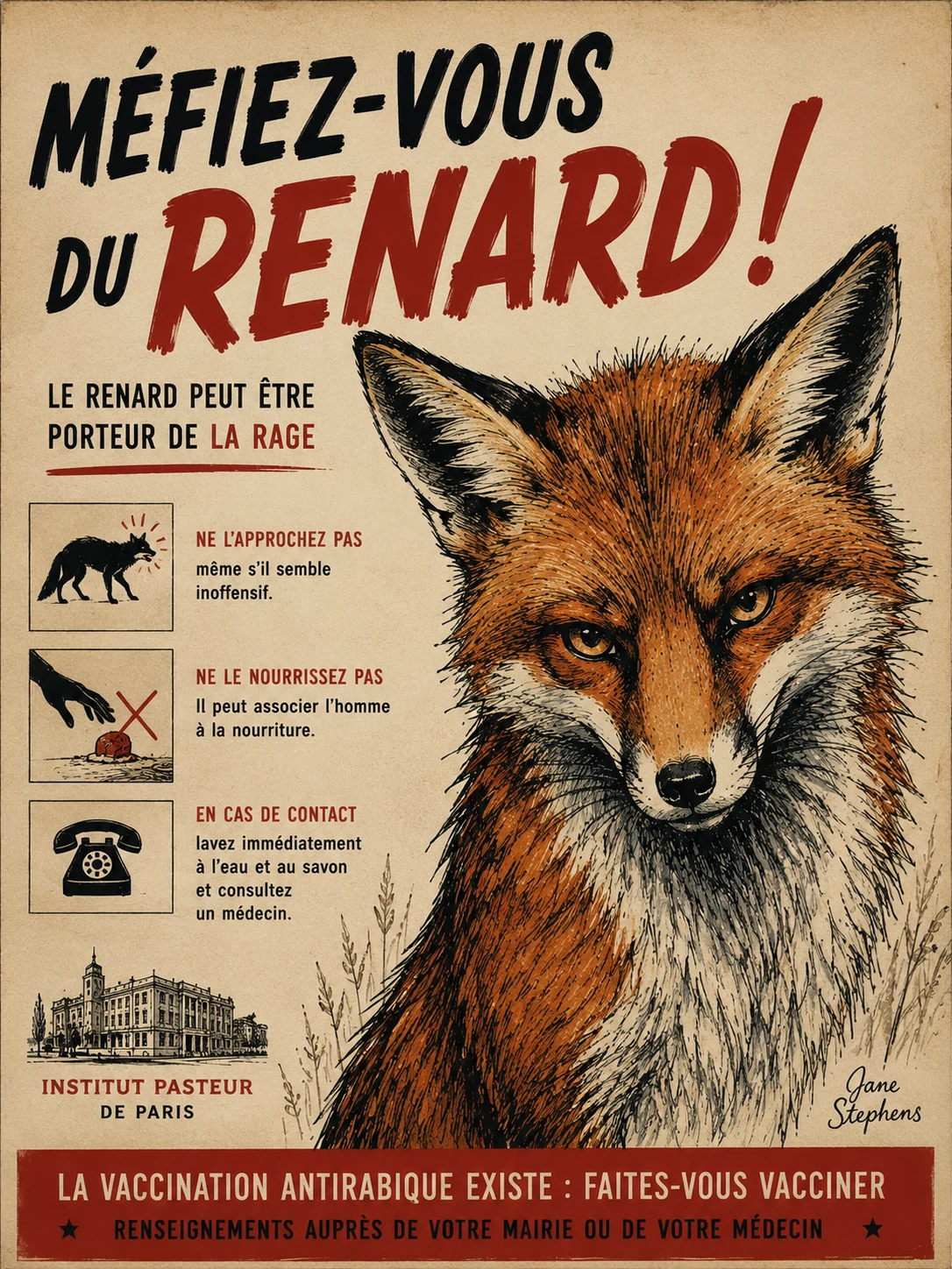 Jane Stephens rabies-awareness poster featuring a fox in a rural landscape